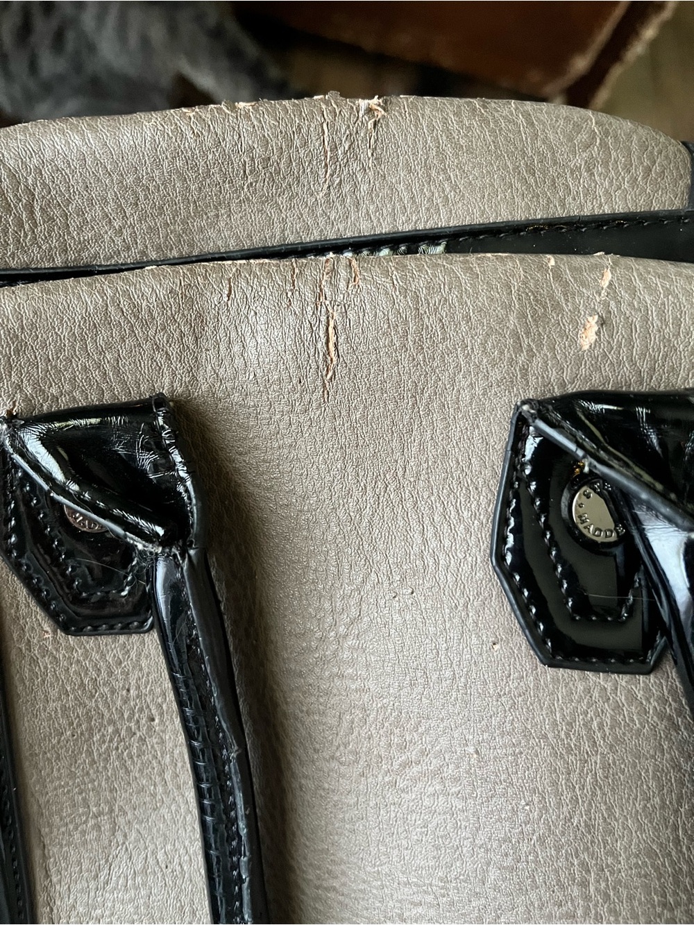 Steve Madden Taupe Satchel with Black Patent Trim - Picture 3 of 3